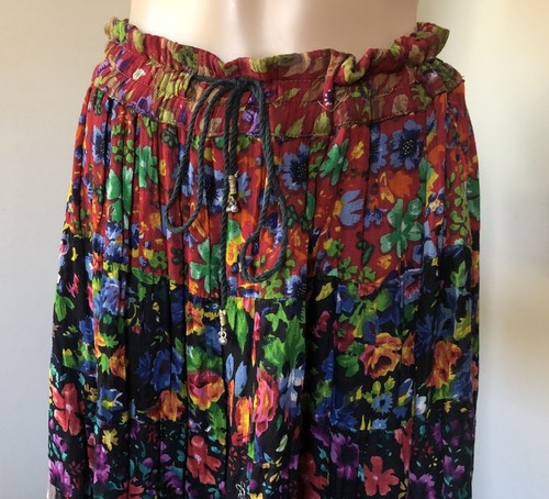 Vtg 90s Colorful Floral Maxi Skirt Cotton Crinkle Gauze Hippie Gypsy Festival S - Picture 3 of 6