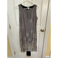 DOUBLE FAULT VINTAGE SLIM FIT STRETCH LACE FRINGED MIDI DRESS TAUPE/BLACK Large