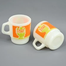 Vintage Taco Time Fire King Stackable Coffee Mug x2 Milk Glass Sign Green Cactus