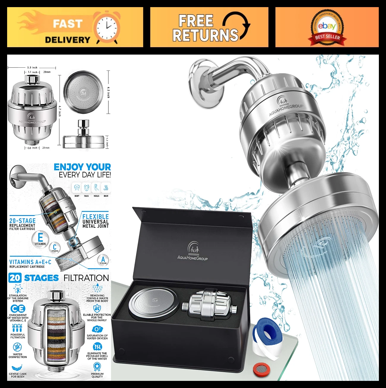 Luxury 20+3 Stage Filtered Shower Head Set for Hard Water - Removes Chlorine & I