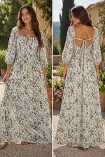 Primark Viscose Floral Maxi Dress US 8 Smocked Tie Back Puff Sleeve Ruffle Lined