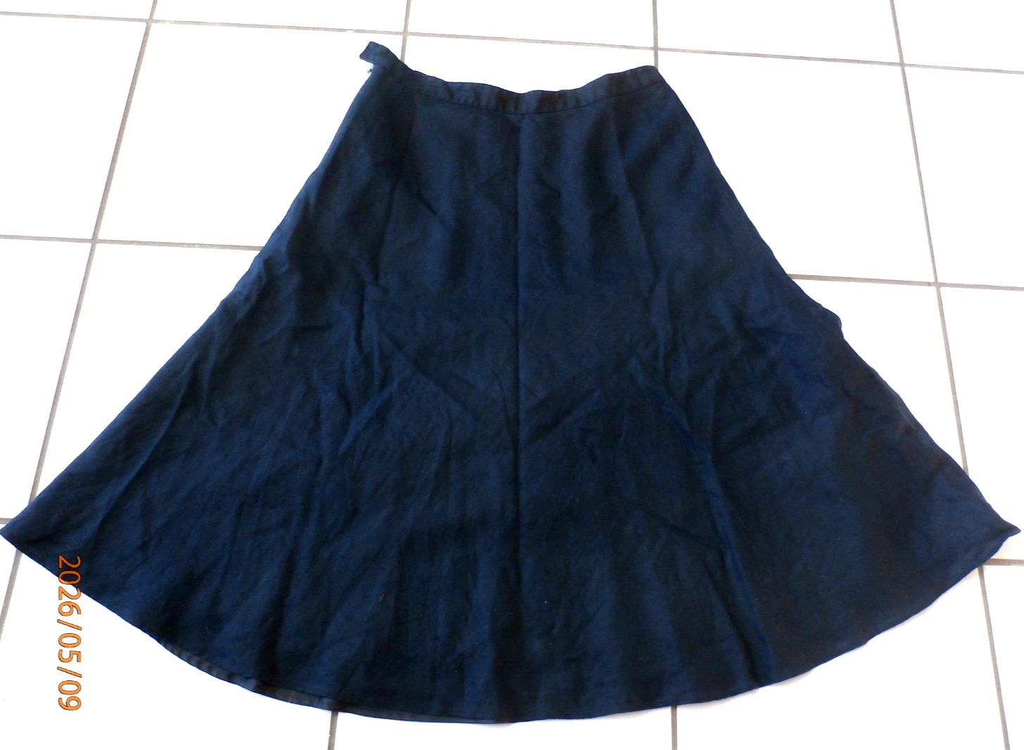 Chaps 100% Linen Navy Blue Midi Flared A Line Skirt Size 8 Lined i227