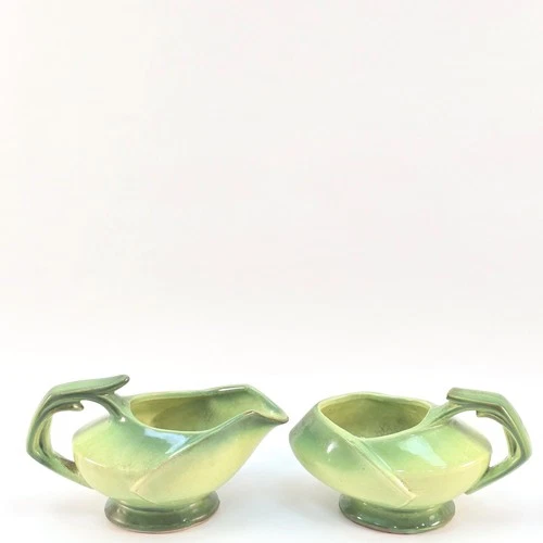 McCoy Vintage Avocado Green creamer and sugar pottery glazed