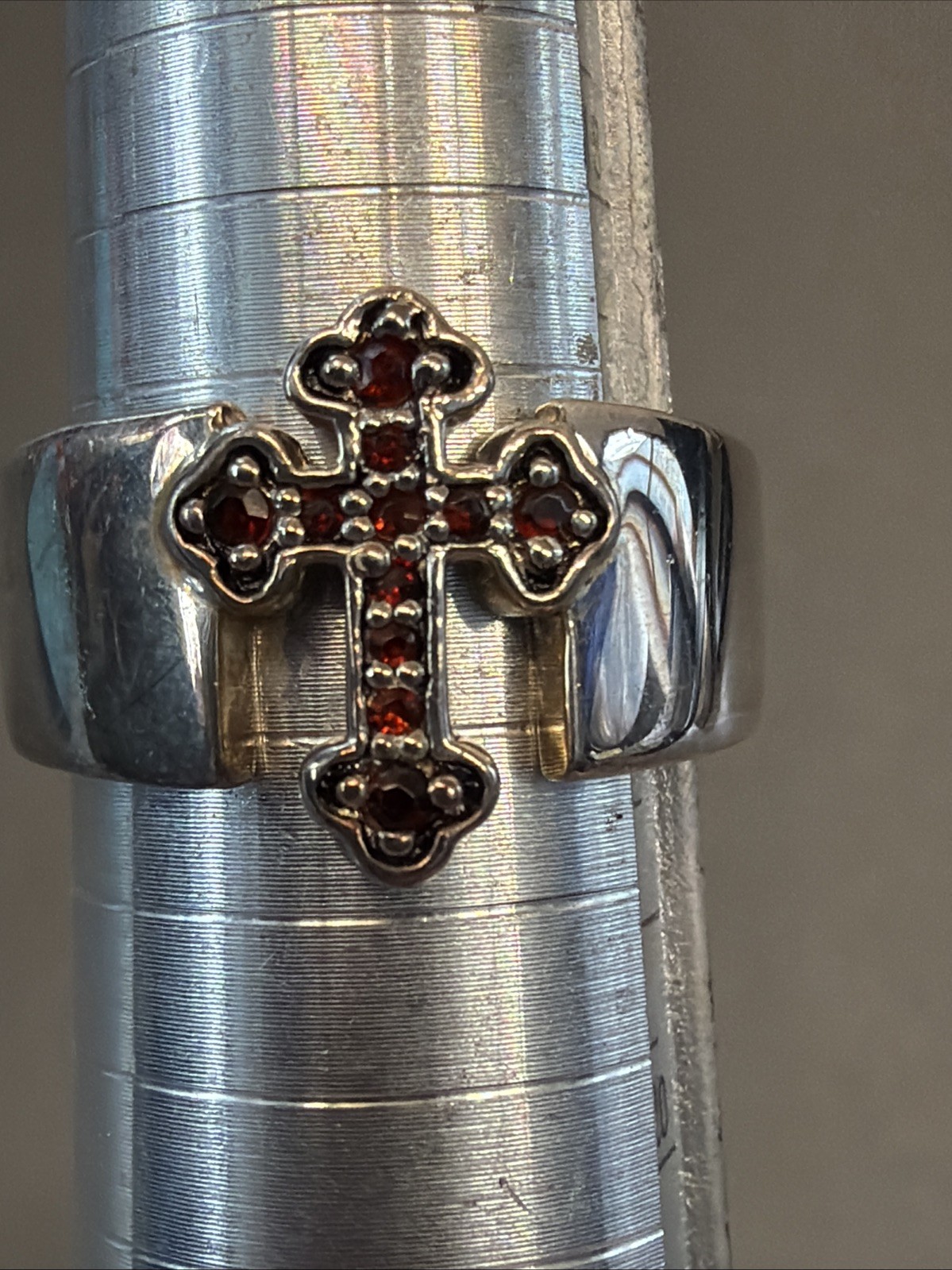 FH Signed Sterling Silver Ruby Stone Cross Ring T… - image 2