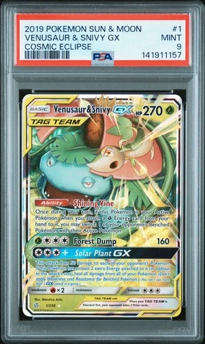 2019 POKEMON SUN & MOON COSMIC ECLIPSE #1 VENUSAUR & SNIVY GX PSA 9