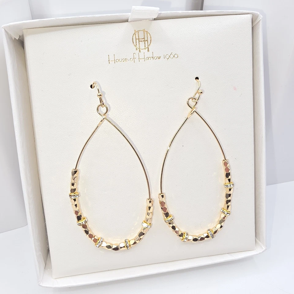 Pendientes colgantes House of Harlow lágrima tono dorado cuentas estrás acento Foto 3 de 4