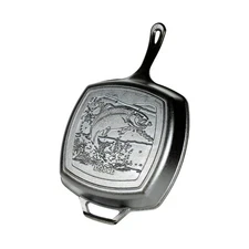 Lodge Grill Pan 10.5 in. Square Black Cast Iron Fish Design Durable Even Heating