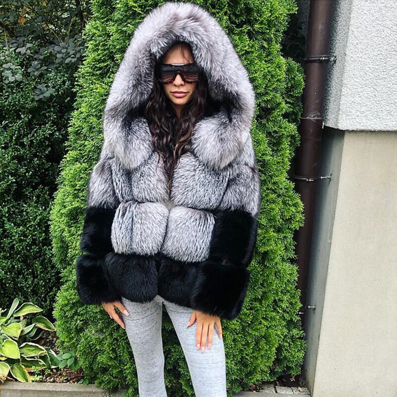 Women Real Silver Fox Fur Jackets With Removable Hood Winter Thick