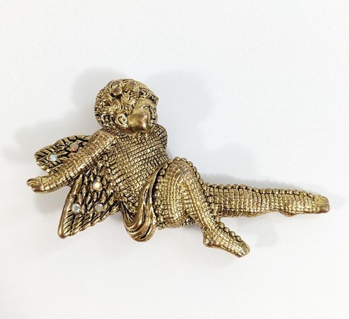 Lounging Angel Cherub Brooch With Ab Rhinestones Gold Toned Pin