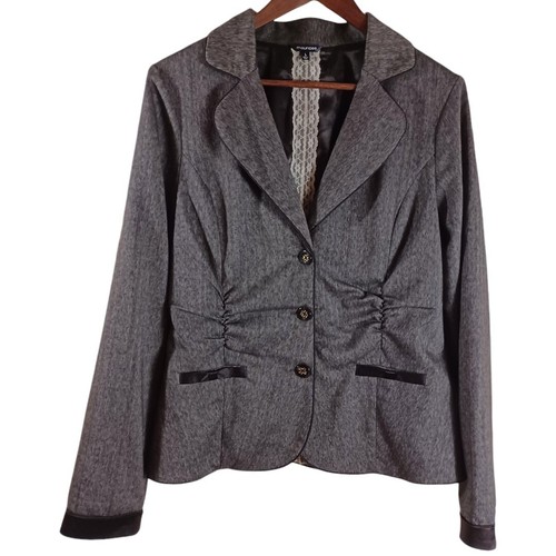 Maurices Brown Ruched Knit Satin Detail Preppy Button Blazer Jacket Lined Sz L