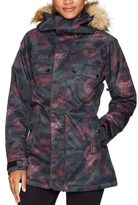 686 "2018 dream" snow jacket in dark floral with faux fur trim hood size M/UK12