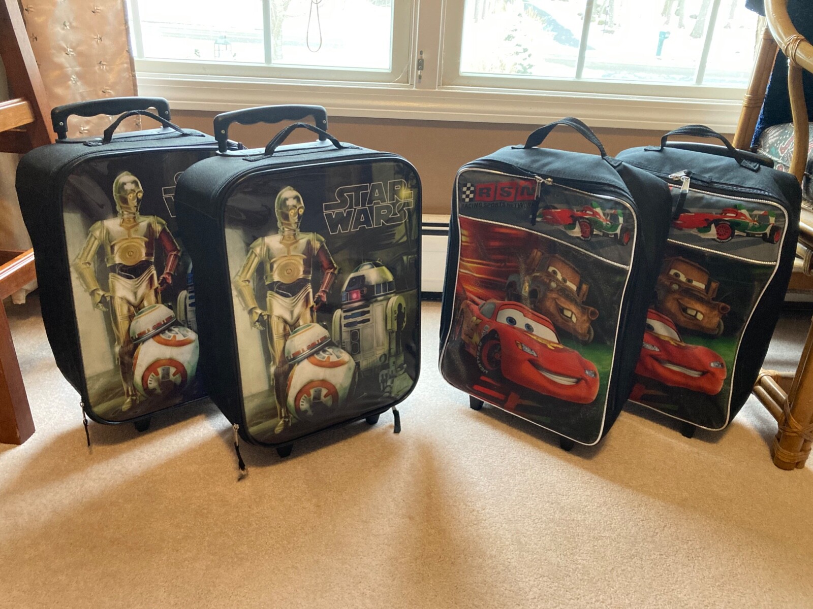 2 Star Wars & 2 Disney Cars Soft Kids Rolling Luggage  - Lot of 4!!