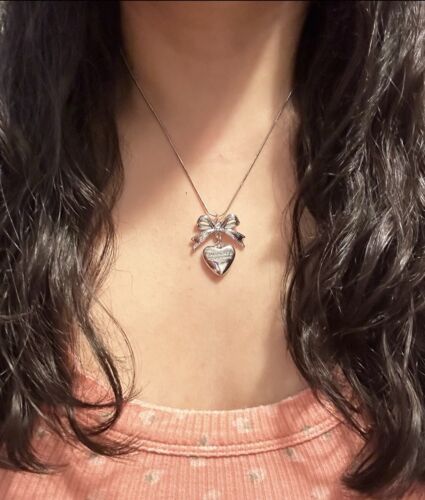 New Heart With Bow Pendant Silver Tone Necklace Gothic Y2K Style Coquette Retro - Picture 1 of 12