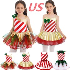 Girls Sequins Ballet Leotard Skating Tutu Dress Christmas Candy Cane Costume