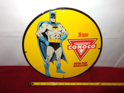 VINTAGE 11 3/4 in CONOCO N-TANE GAS BATMAN ADV SIGN HEAVY METAL PORCELAIN -S343B