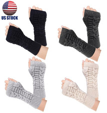 Womens Long Half Finger Gloves Winter Warm Knitted Crochet Thumbhole Arm Warmers