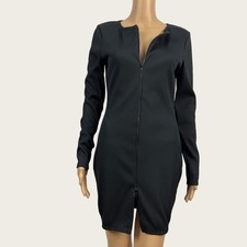 PLT Pretty Little Things Sz 8 Black Full Zip Up Ribbed Fitted Bodycon Mini Dress