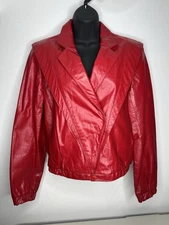Vintage 80s Bermans Red Cropped Leather Jacket Moto Retro Women’s Size 10