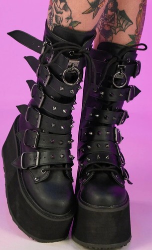 Demonia Matte Black Studded Mid-Calf Platform Boots