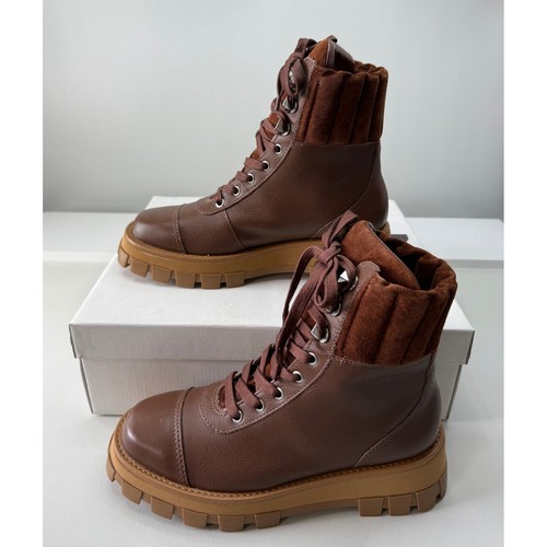 Schutz Sutton Brown Walnut Leather Suede Combat Boots 7B S214520005 NEW