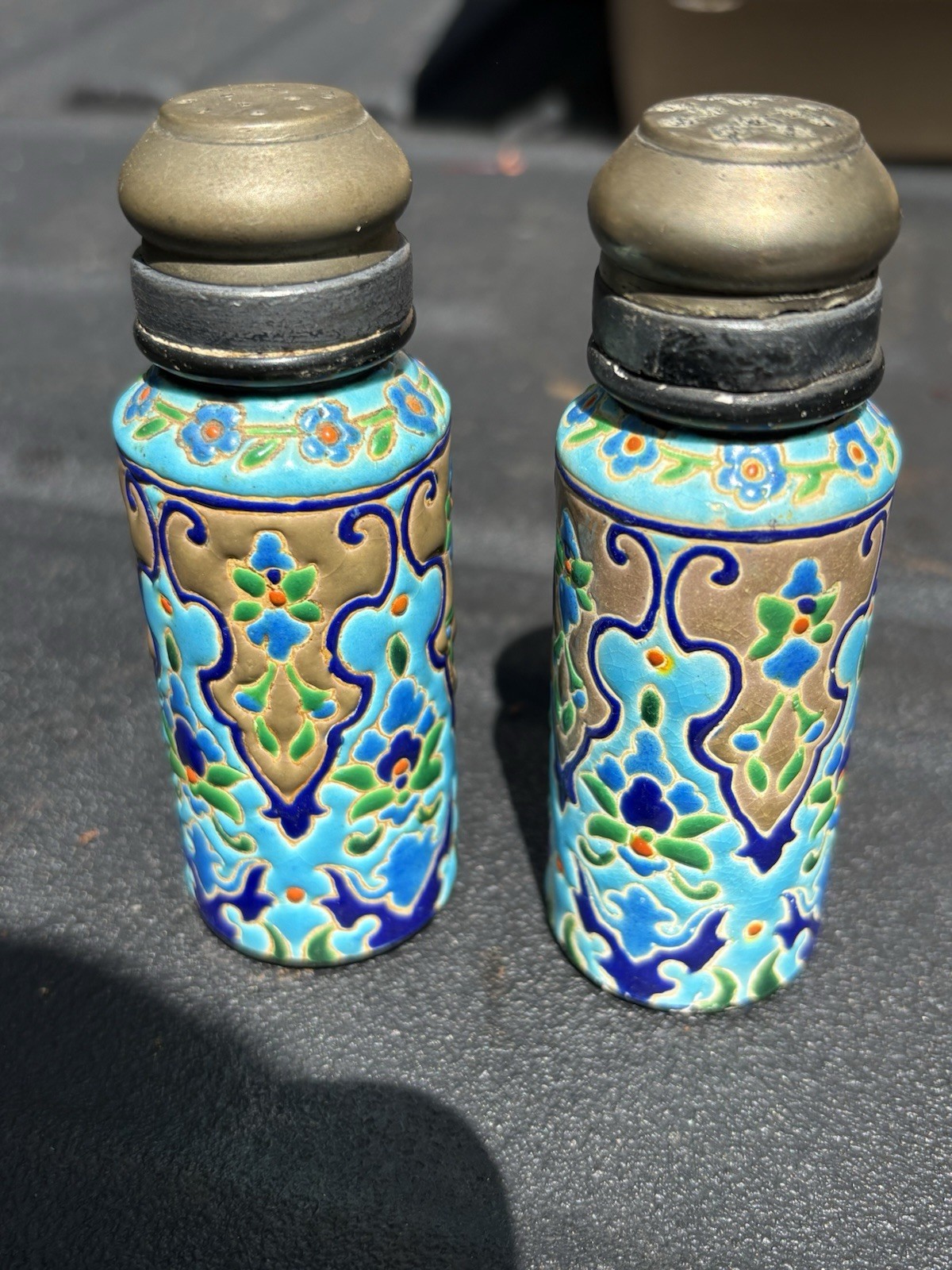 Antique Pair of Longwy French Ceramic Salt and Pepper Shakers