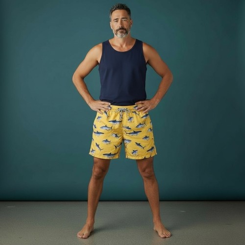 Snapper Rock Mens Yellow Shark Print Swim Trunks Shorts Size L