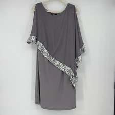 Midnight Velvet Gray Sequin Trim Chiffon Overlay Cold Shoulder Dress 16W