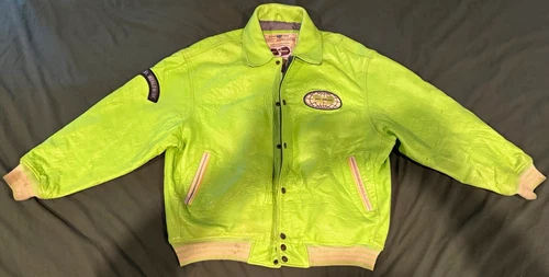 Wu Wear Men's Green Leather Bomber Jacket XL Quilted Lining Urban Militia Logo - product listing photo