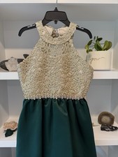 Rare Editions Fit Flare Hi-Low Green Gold Lace Halter Dress Girls 14 Formal