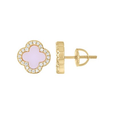 925 Sterling Silver Yellow Cubic-Zirconia Purple Enamel Clover Stud Earring 10mm