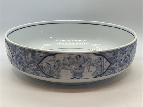 Große seltene Vintage blau & weiß japanische orientalische Sumo Wrestling Schüssel Topf 8 3/4" - Bild 2 von 6