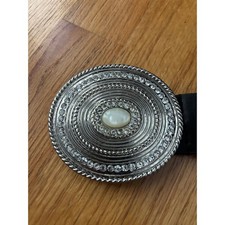 Chicos Constance Circle Medallion Belt Black Silver Rhinestone Pearl M/L NWT