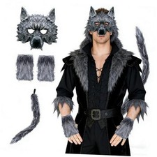 Wolf Costume Set with Head Decor Gloves Tail Halloween Dress 02 Wolf Mask Set