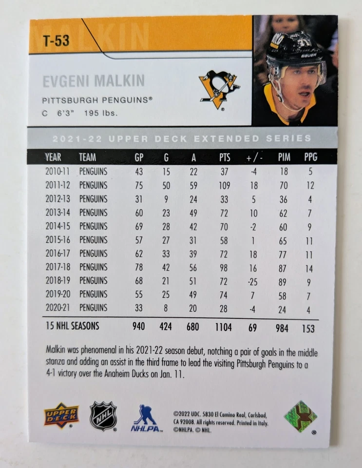 2021-22 Upper Deck Extended Series 2006-07 Upper Deck Retro #T-53 Evgeni Malkin  - Image 2 of 2