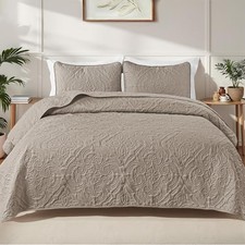 3 Piece Quilts Queen Size Bedding Set  Full/ Queen 90"x96" Taupe