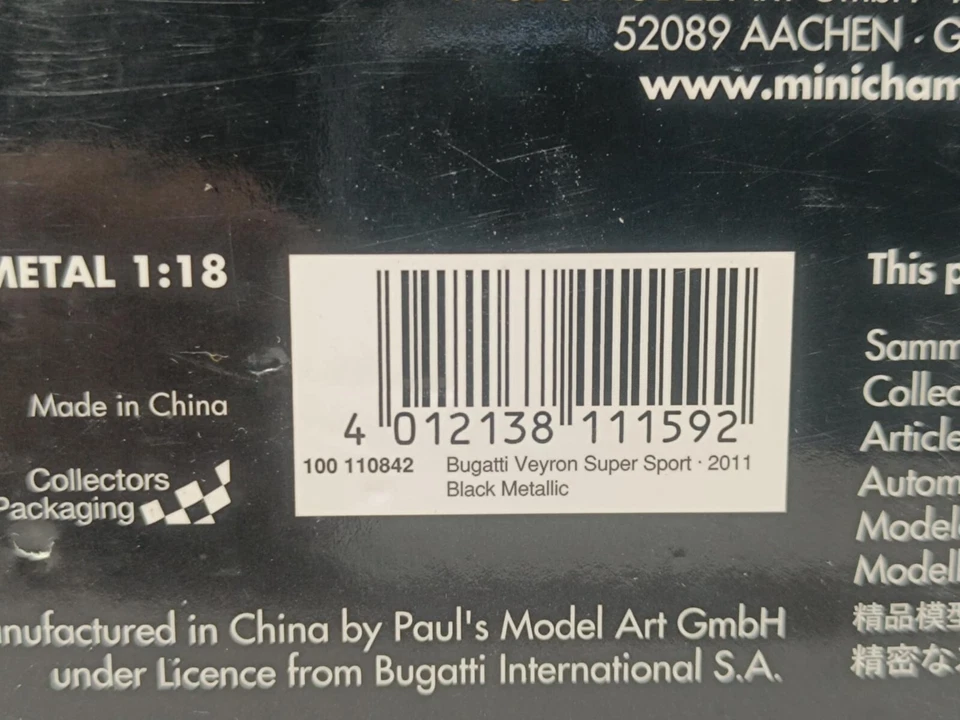 Bugatti Veyron Super Sport 2011 Black Metallic Minichamps 1:18 Rare Usato + Box - Immagine 4 di 4