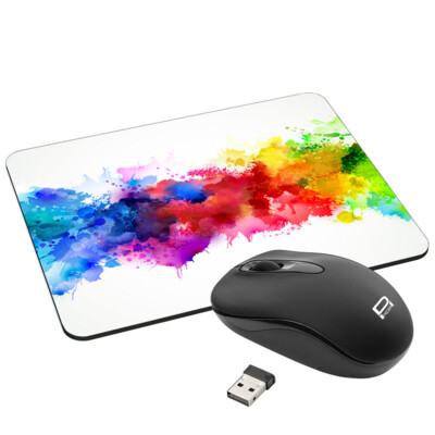 Kabellose optische Funkmaus + Gaming Mauspad mit Design, Color Blob Farbkleckse
