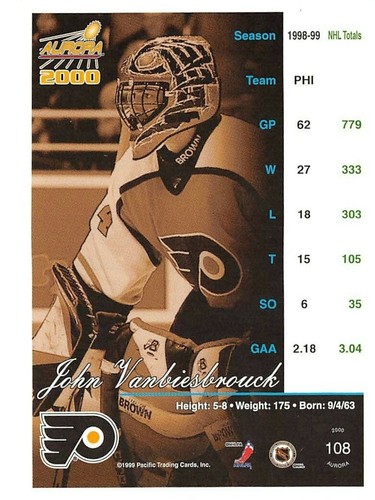 1999-00 Aurora Striped #108 John Vanbiesbrouck ** Philadelphia Flyers ** - Picture 2 of 2