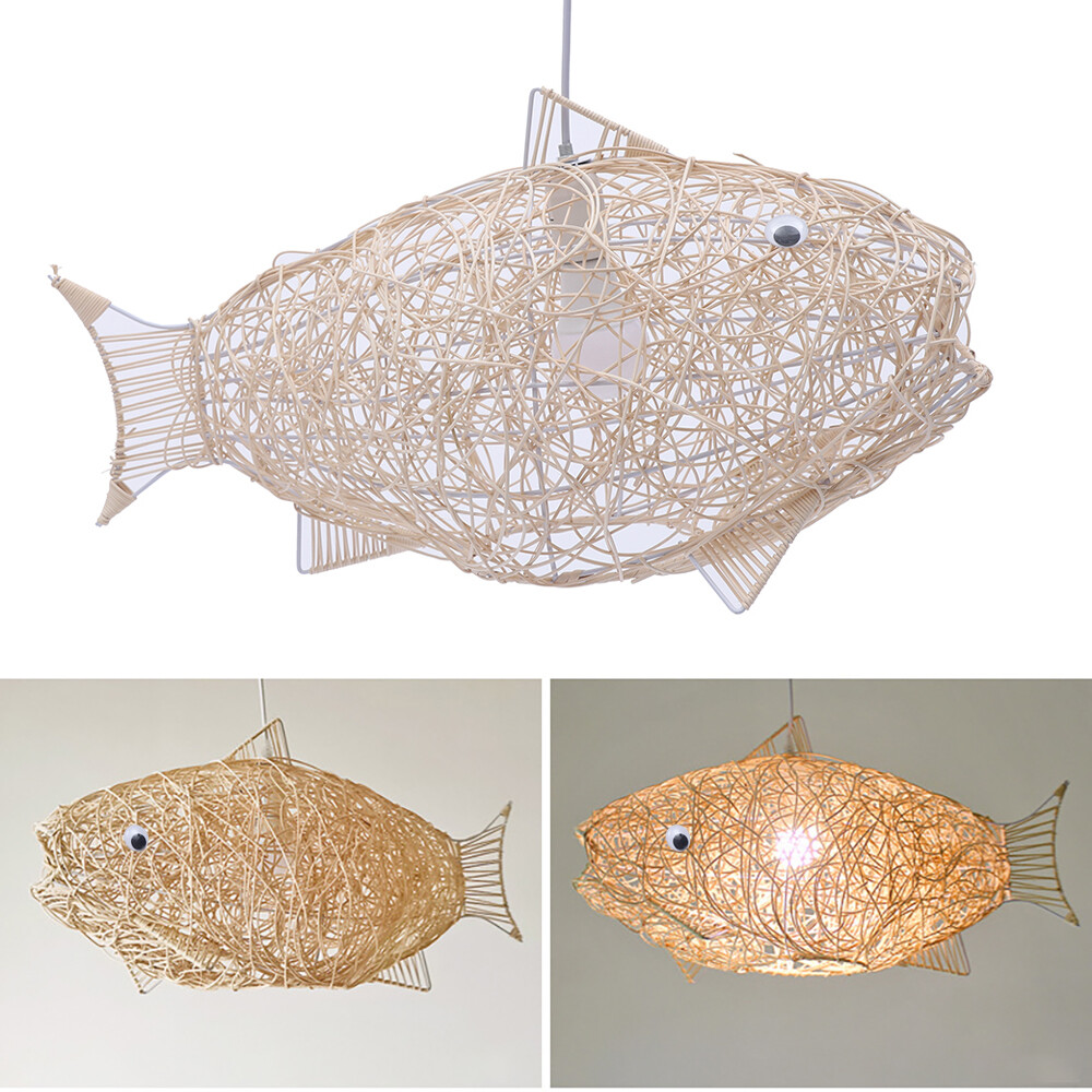 Rattan Chandelier Fish Shape Lantern Chandelier Fixture Hanging Ceiling Lamp