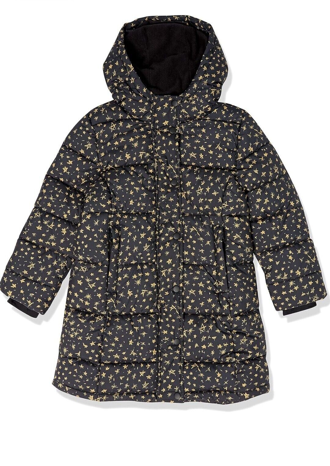 Amazon Essentials Girls Long Hooded Puffer Jacket/Coat-Black Stars SM (6-7) NWT