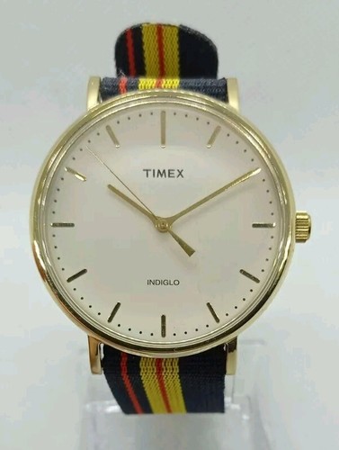Montre Femme Timex Indiglo - Cadran Blanc Fantaisie, Boîtier Doré, Bracelet Cuir Marron - Occasion Excellent état