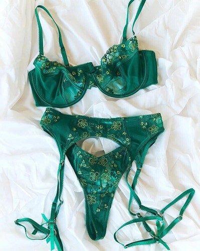 Floral Green Garter Belt Sexy-Lingerie Set with Leg Rings Bra Panties Garter Set - Picture 8 of 19