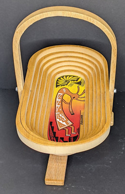 Wooden Collapsible Basket Kokopelli Spiral Oval Shape Cut Bowl EUC