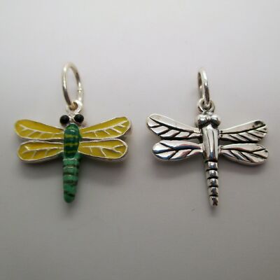 Sterling Silver or Hand-enameled DRAGONFLY Charm for Bracelet PENDANT Insect BUG
