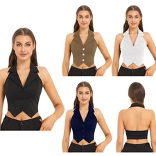 Women Fashion Halter Lapel Crop Tops Solid Color Pointed Hem Vest Tops Waistcoat