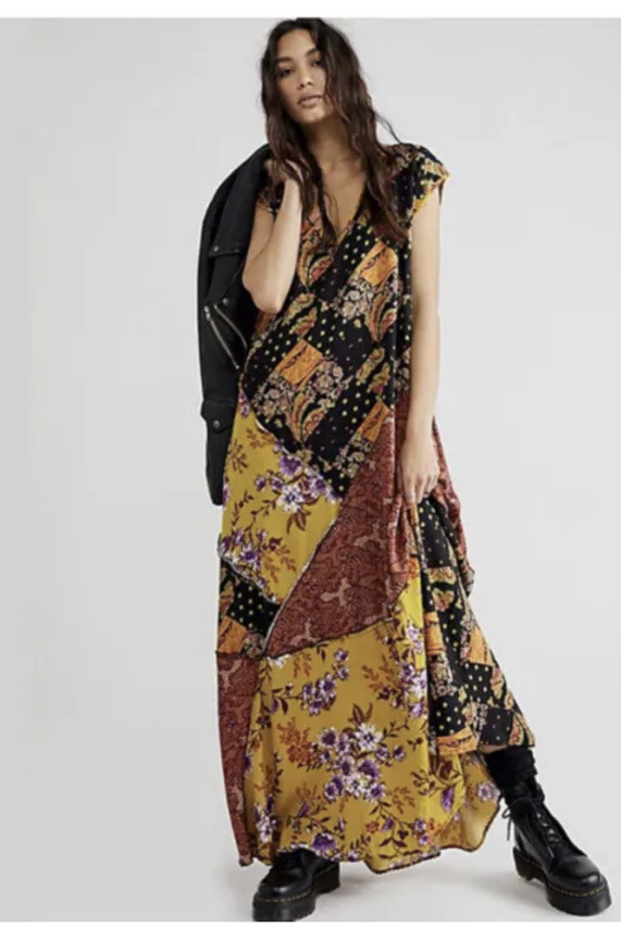 Free People Desert Flower Patched Maxi Dress Size L Brown Combo | eBay