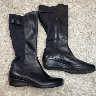 ECCO Wedge Boots Size 37/6.5 Black Leather Tall Minimalist Contemporary