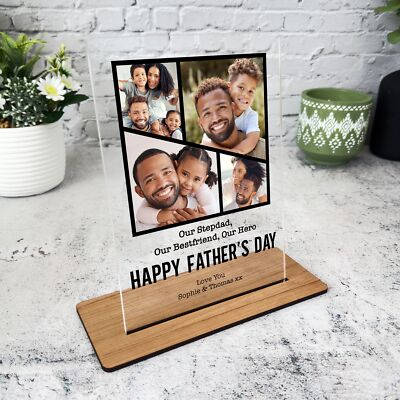 Stiefvater Vatertag Geschenk schwarzes Gitter Fotorahmen personalisiert Acryl Plakette