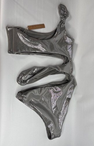 Skims Metallic Liquid Shine Swim Knotted One Shoulder Monokini Sz M Silver Gray - Picture 10 of 12