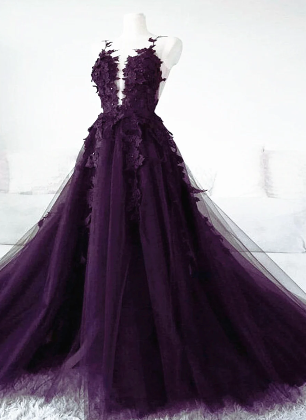 Dark Purple Tulle With Lace Applique Long Wedding Dress Backless Wedding Gowns
